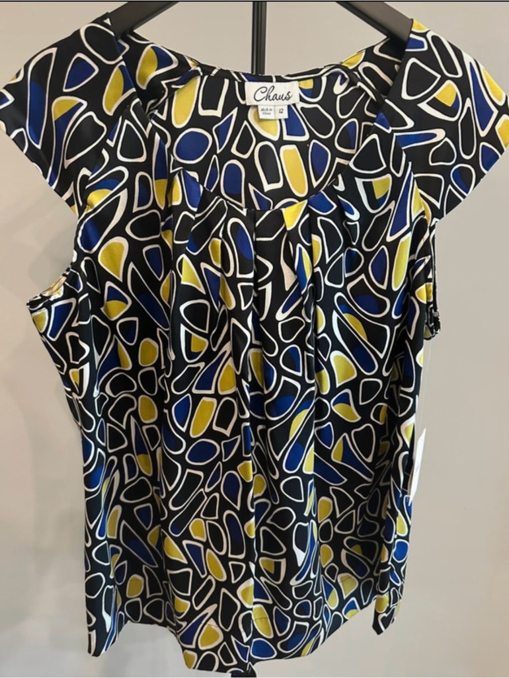 Chaus Black Geometric Cap-Sleeve Blouse with Blue & Yellow Accents